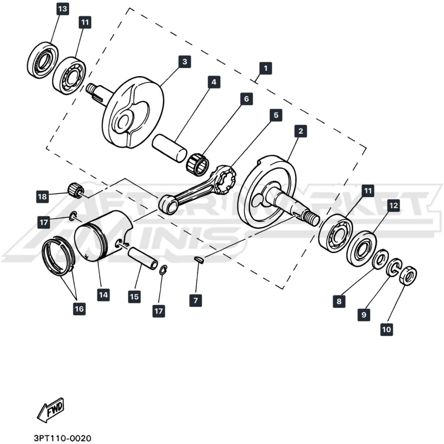 Yamaha PW50 Crankshaft & Piston Parts - Bottom End parts diagram