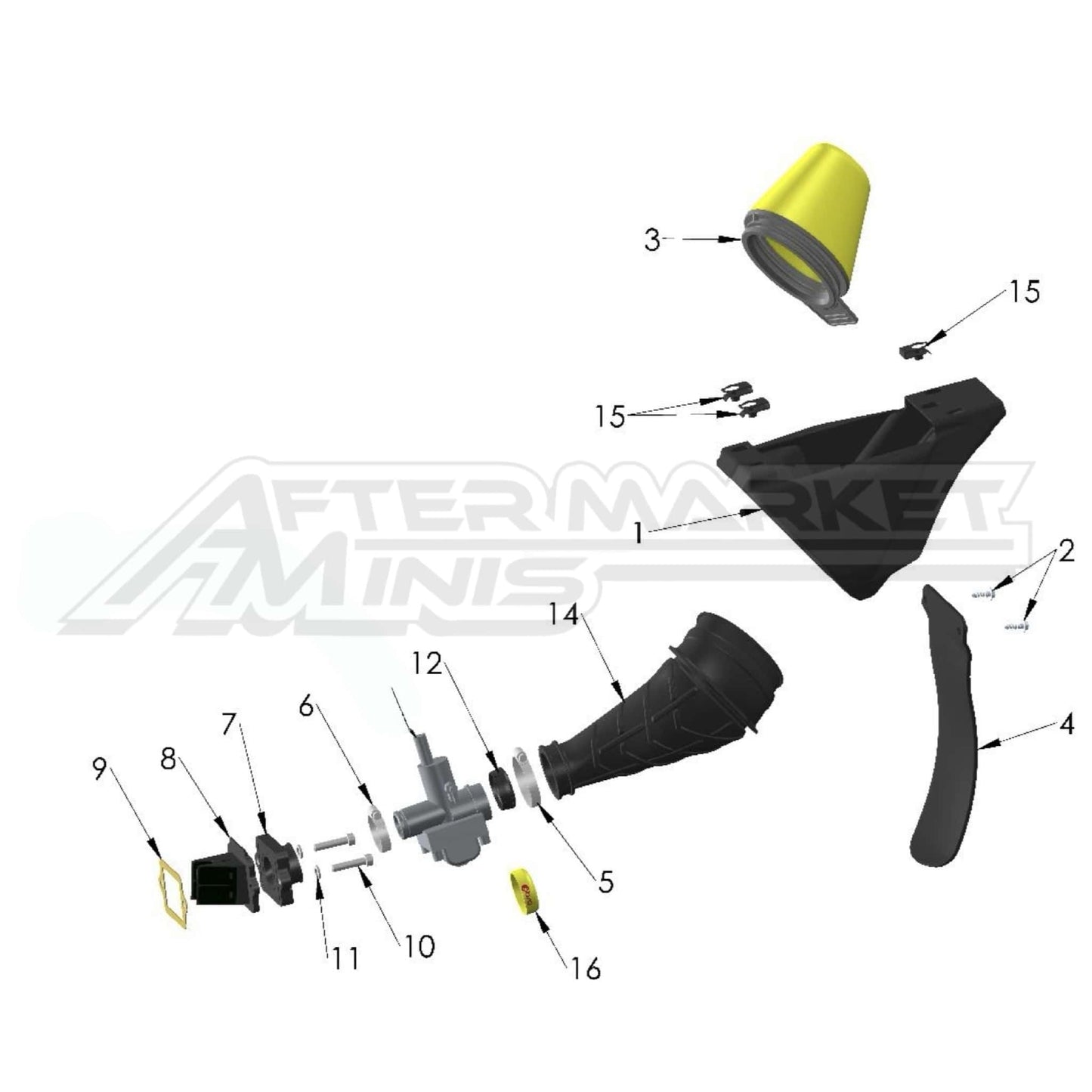 Illustration of 2027 Cobra 50 Jr intake system with labeled components on a white background, featuring the 'Aftermarket Minis' brand.
