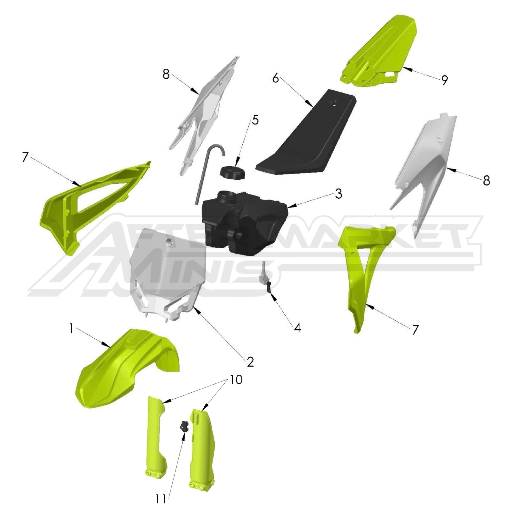 Illustration of 2027 Cobra 50 Jr plastics with labeled components on a white background, featuring the 'Aftermarket Minis' brand.