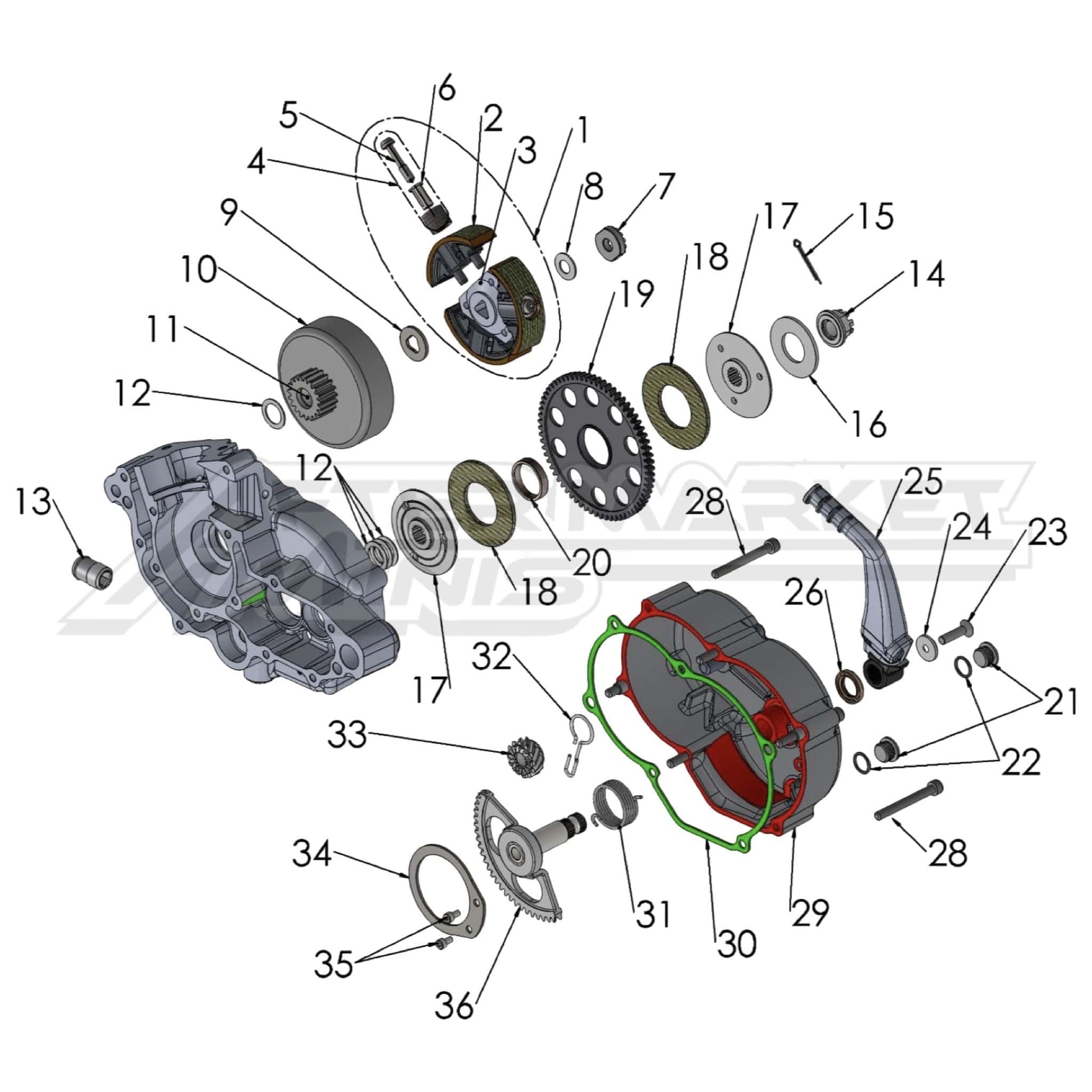 Illustration of 2027 Cobra 50 Jr clutch and kick starter with labeled components on a white background, featuring the 'Aftermarket Minis' brand.
