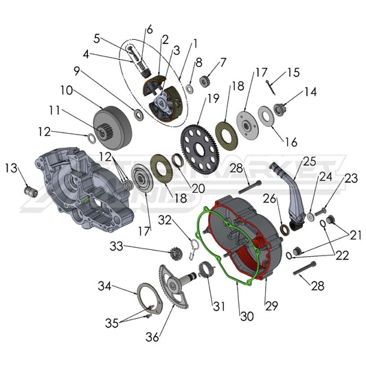 Illustration of 2027 Cobra 50 Jr clutch and kick starter with labeled components on a white background, featuring the 'Aftermarket Minis' brand.