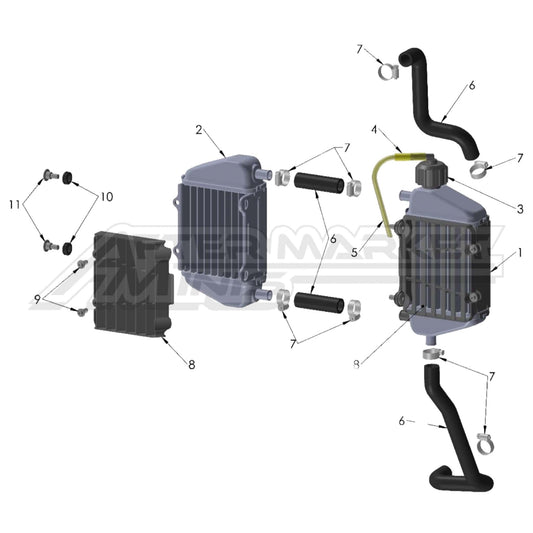 Illustration of 2027 Cobra 50 Jr cooling system with labeled components on a white background, featuring the 'Aftermarket Minis' brand.