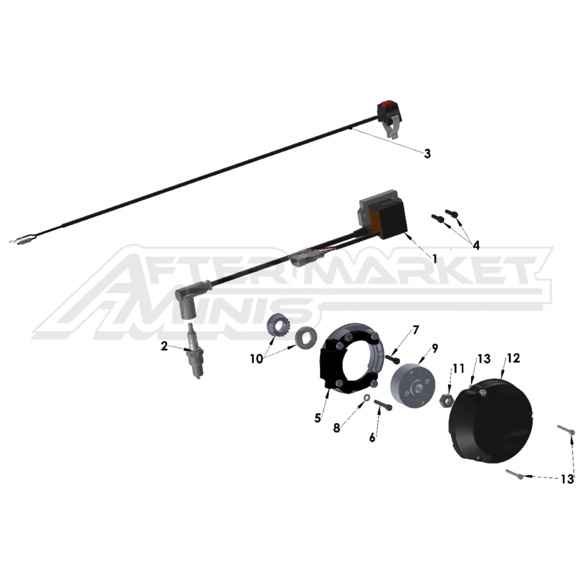 Illustration of 2027 Cobra 50 Jr electrical system with labeled components on a white background, featuring the 'Aftermarket Minis' brand.