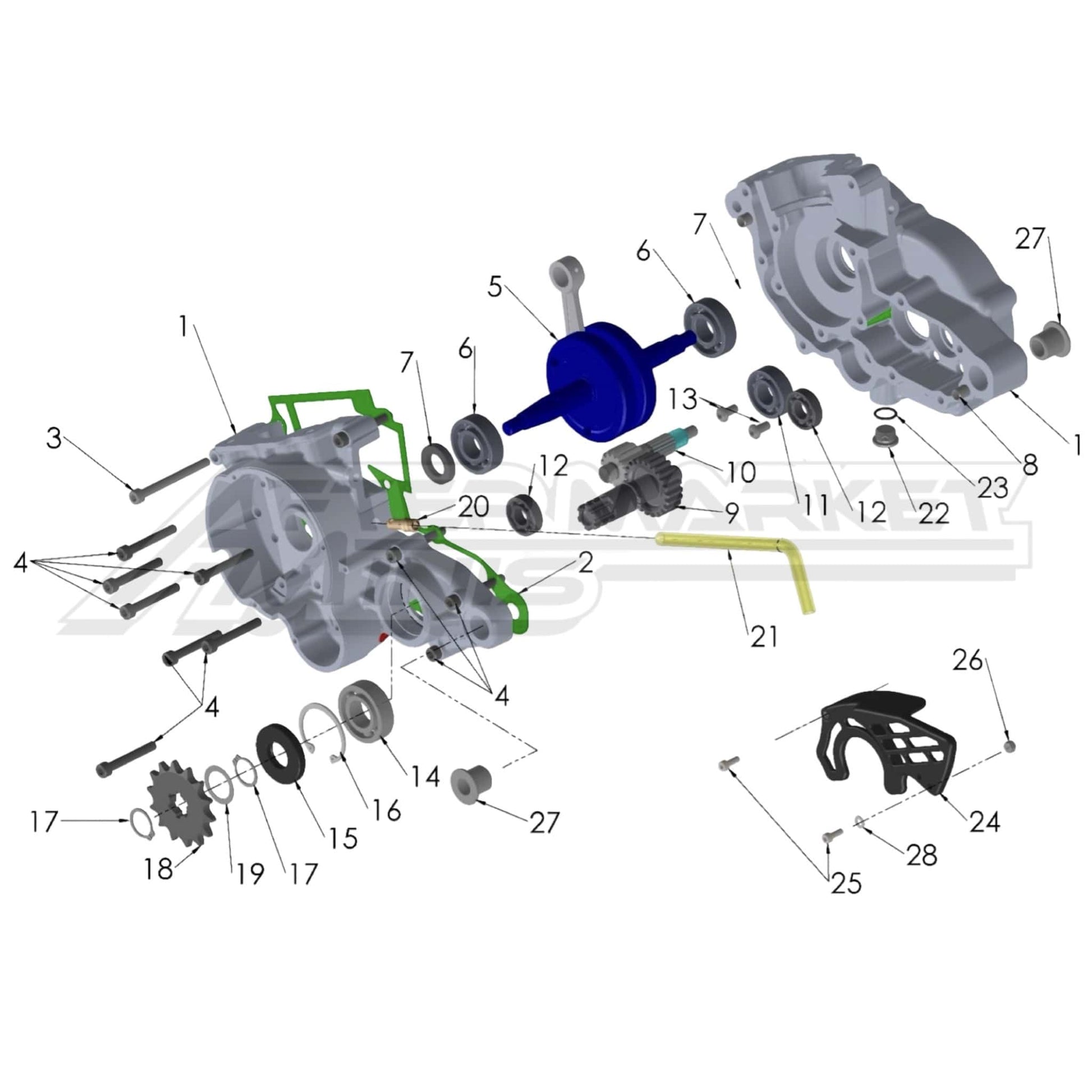 Illustration of 2027 Cobra 50 Jr lower end of engine with labeled components on a white background, featuring the 'Aftermarket Minis' brand.