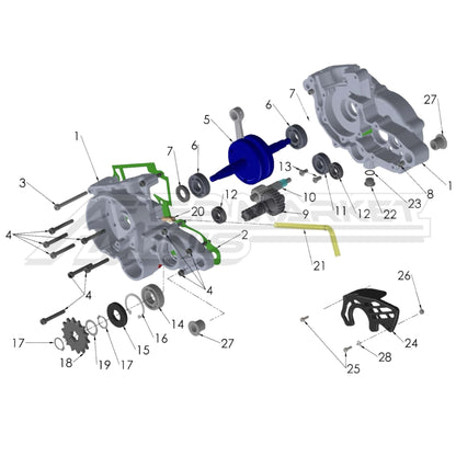 Illustration of 2027 Cobra 50 Jr lower end of engine with labeled components on a white background, featuring the 'Aftermarket Minis' brand.
