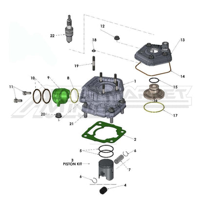 Illustration of 2027 Cobra 50 Jr top end with labeled components on a white background, featuring the 'Aftermarket Minis' brand.