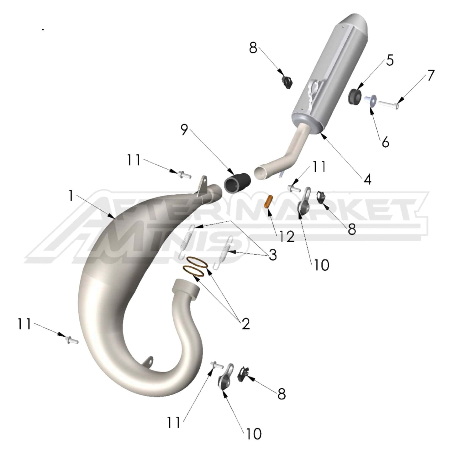 Illustration of 2027 Cobra 50 Jr exhaust system with labeled components on a white background, featuring the 'Aftermarket Minis' brand.