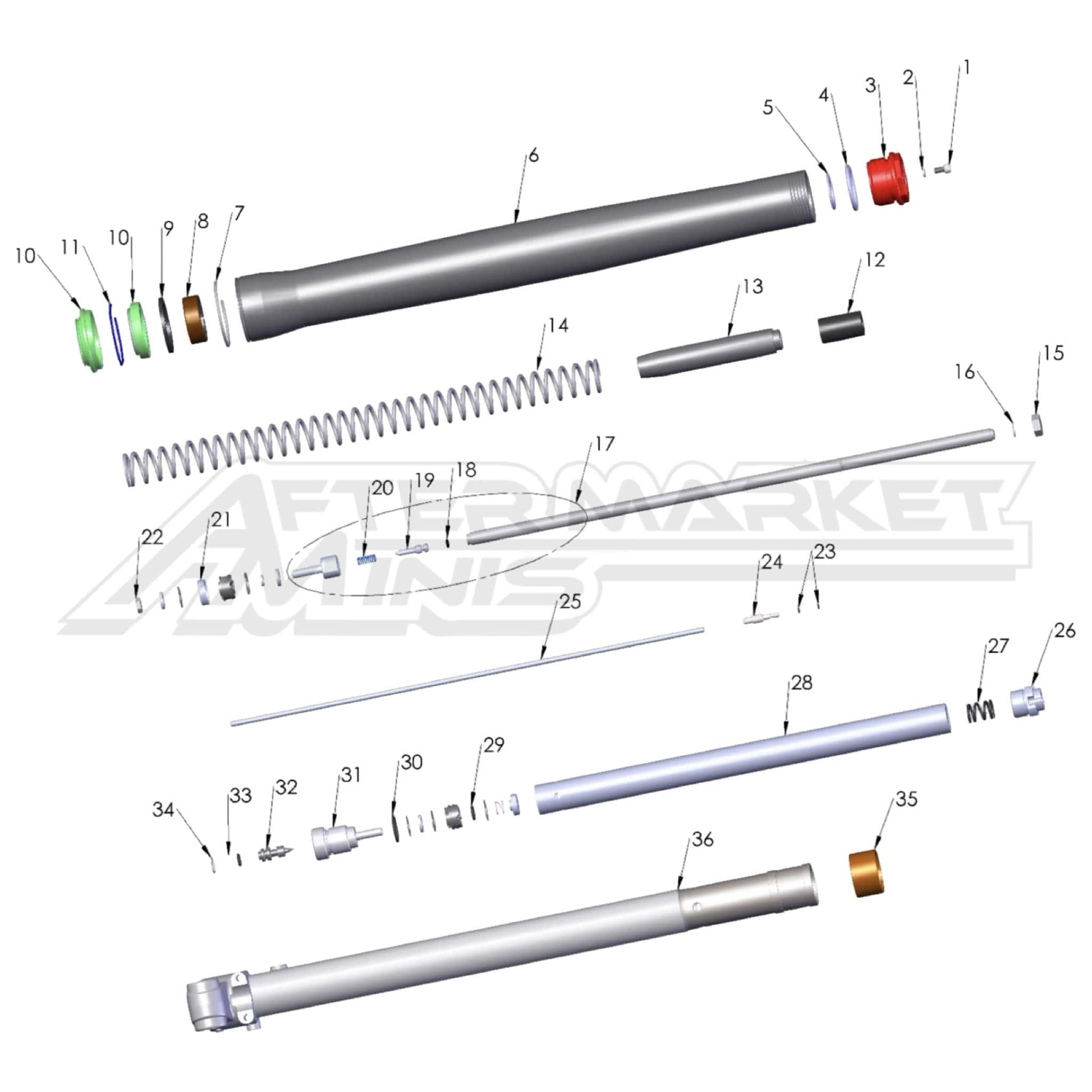Illustration of 2027 Cobra 50 Jr internal view of brake side fork with labeled components on a white background, featuring the 'Aftermarket Minis' brand.