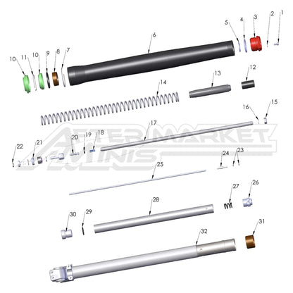 Illustration of 2027 Cobra 50 Jr internal view of non-brake side fork with labeled components on a white background, featuring the 'Aftermarket Minis' brand.