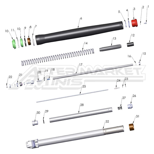 Illustration of 2027 Cobra 50 Jr internal view of non-brake side fork with labeled components on a white background, featuring the 'Aftermarket Minis' brand.