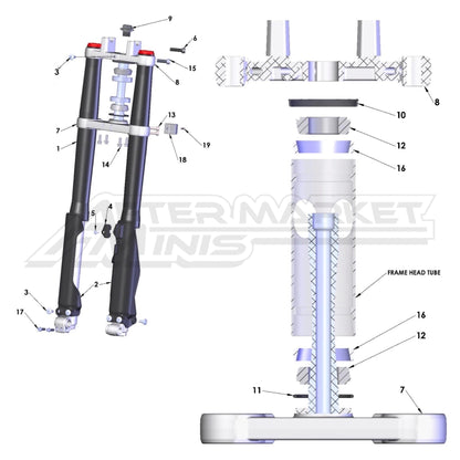 Illustration of 2027 Cobra 50 Jr front suspension set up with labeled components on a white background, featuring the 'Aftermarket Minis' brand.