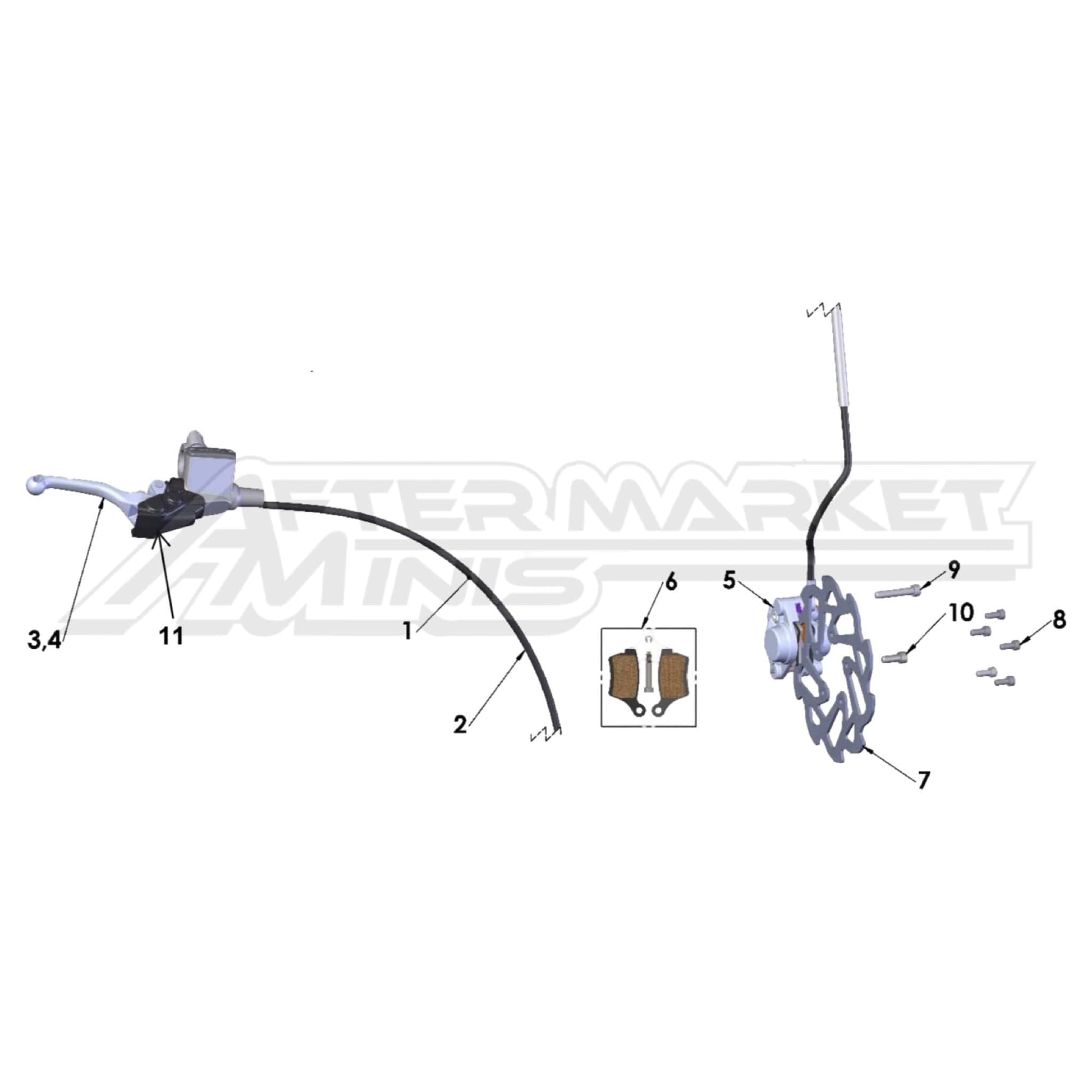 Illustration of 2027 Cobra 50 Jr front brake system with labeled components on a white background, featuring the 'Aftermarket Minis' brand.
