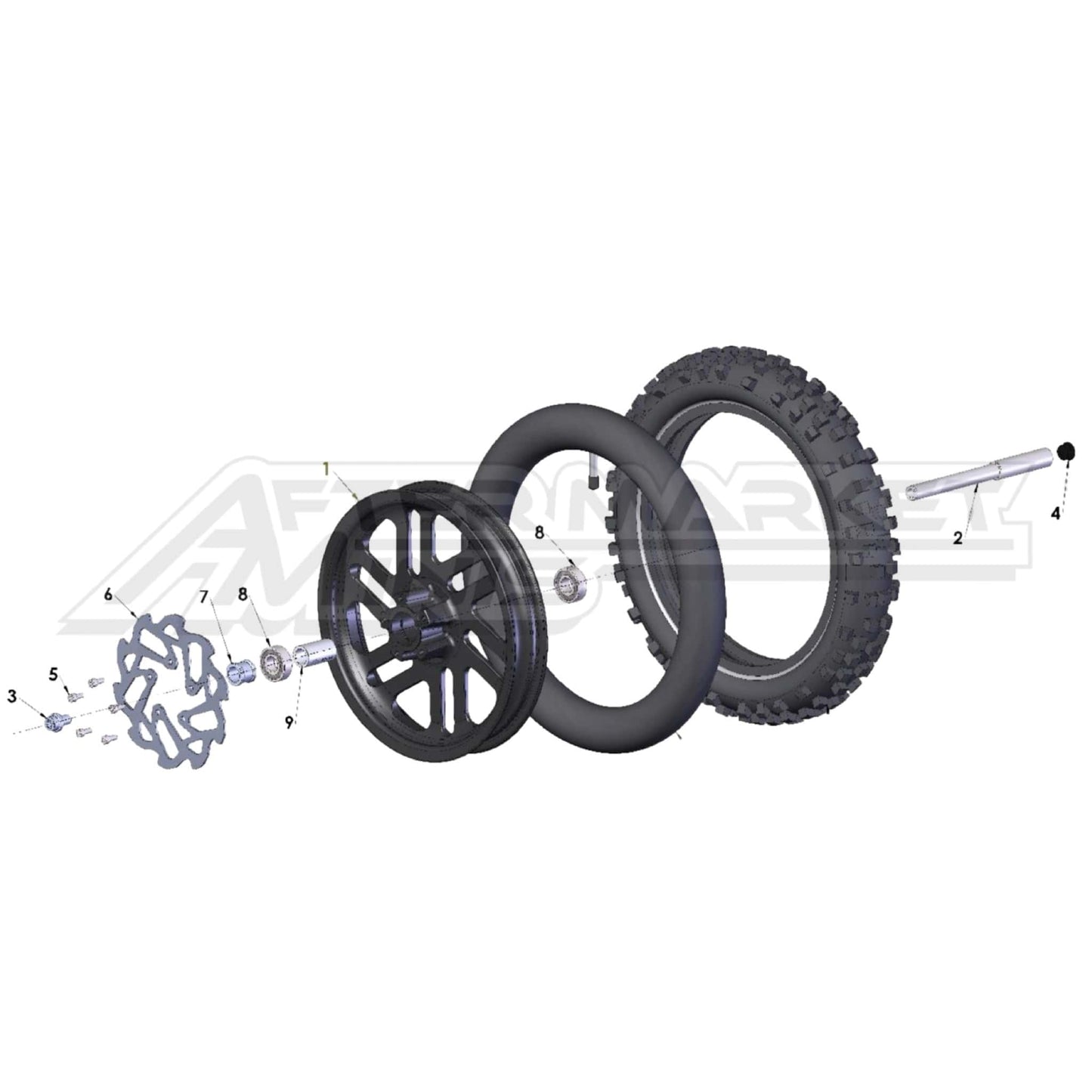 Illustration of 2027 Cobra 50 Jr front wheel with labeled components on a white background, featuring the 'Aftermarket Minis' brand.