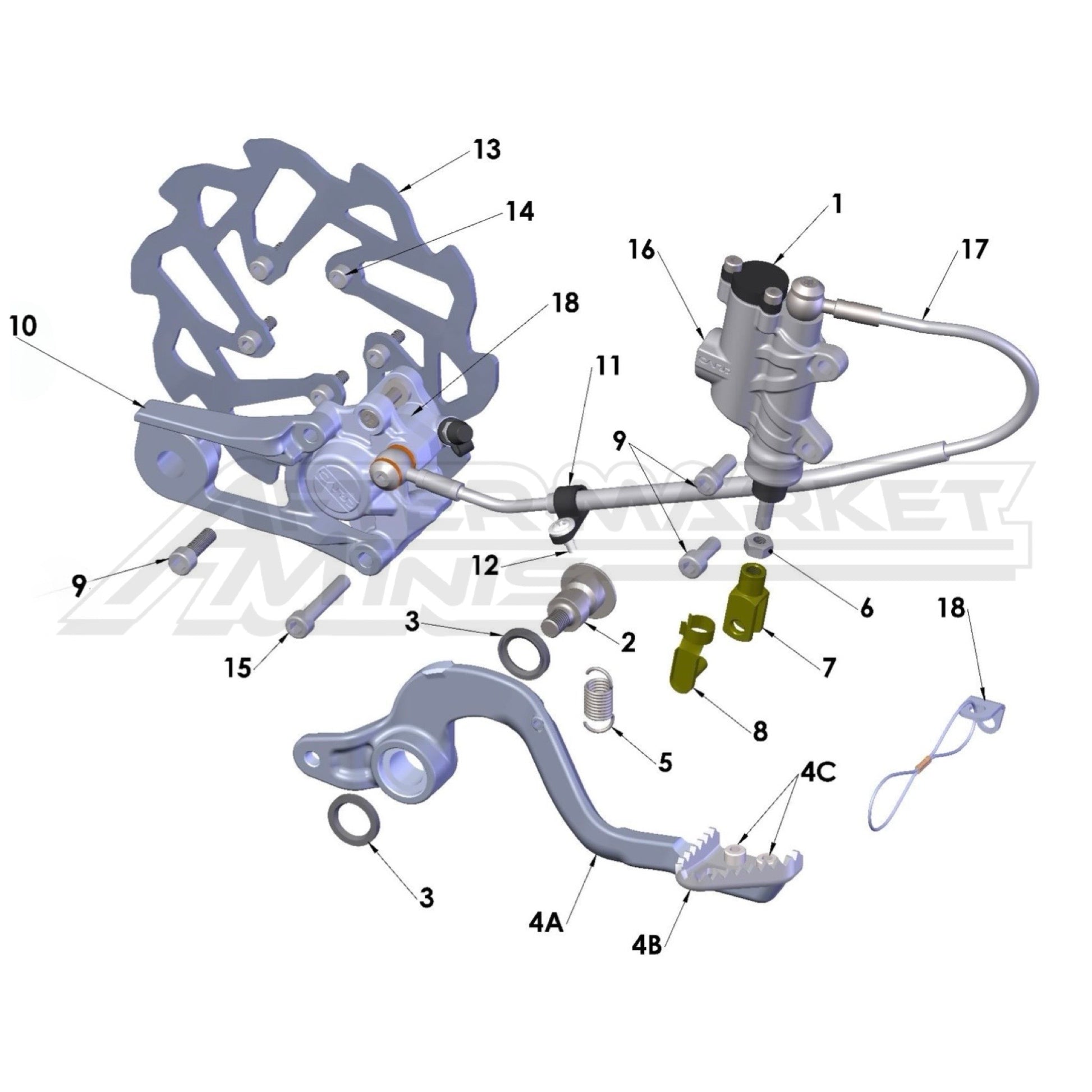 Illustration of 202 Cobra 50 Jr rear brake system with labeled components on a white background, featuring the 'Aftermarket Minis' brand.
