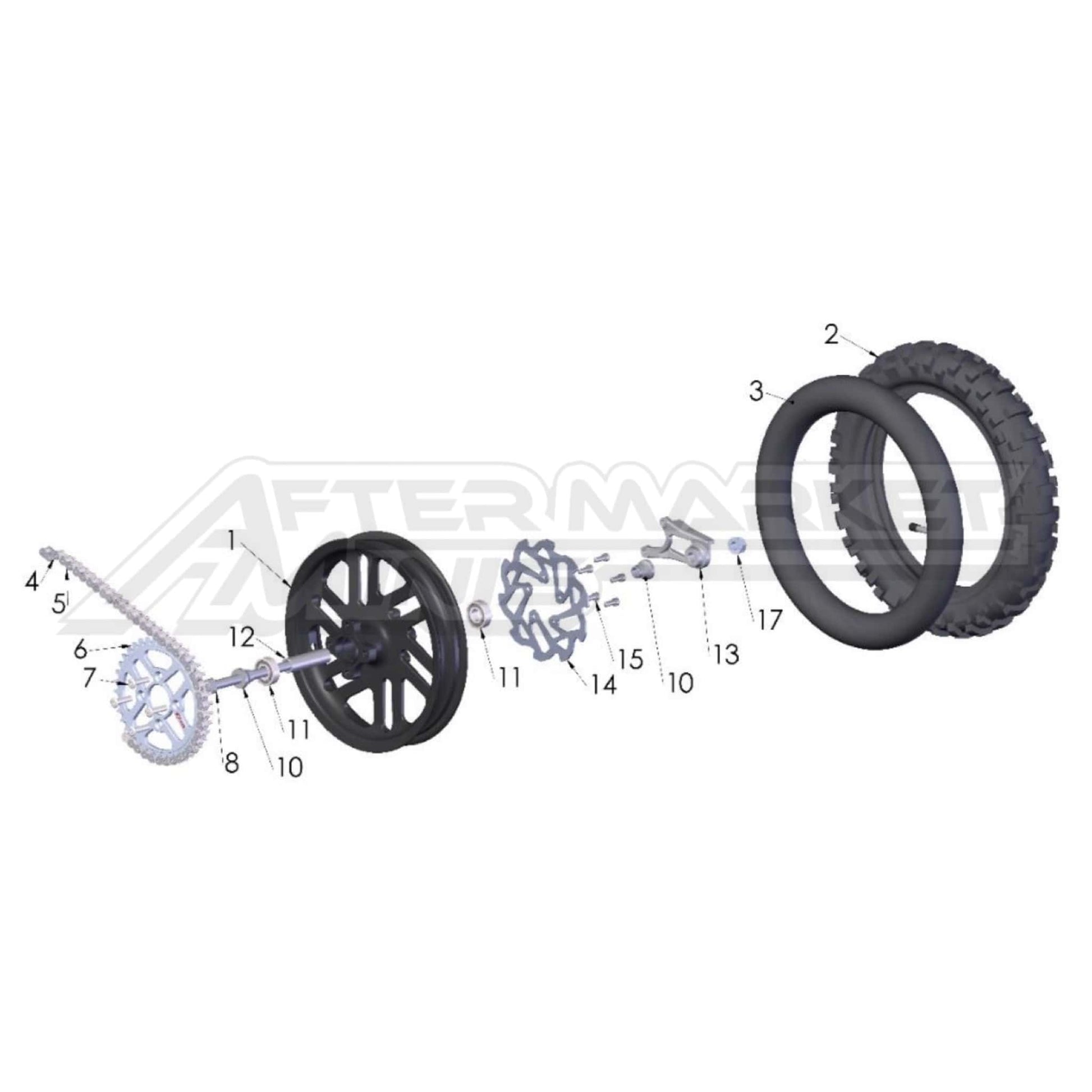 Illustration of 2027 Cobra 50 Jr rear wheel with labeled components on a white background, featuring the 'Aftermarket Minis' brand.