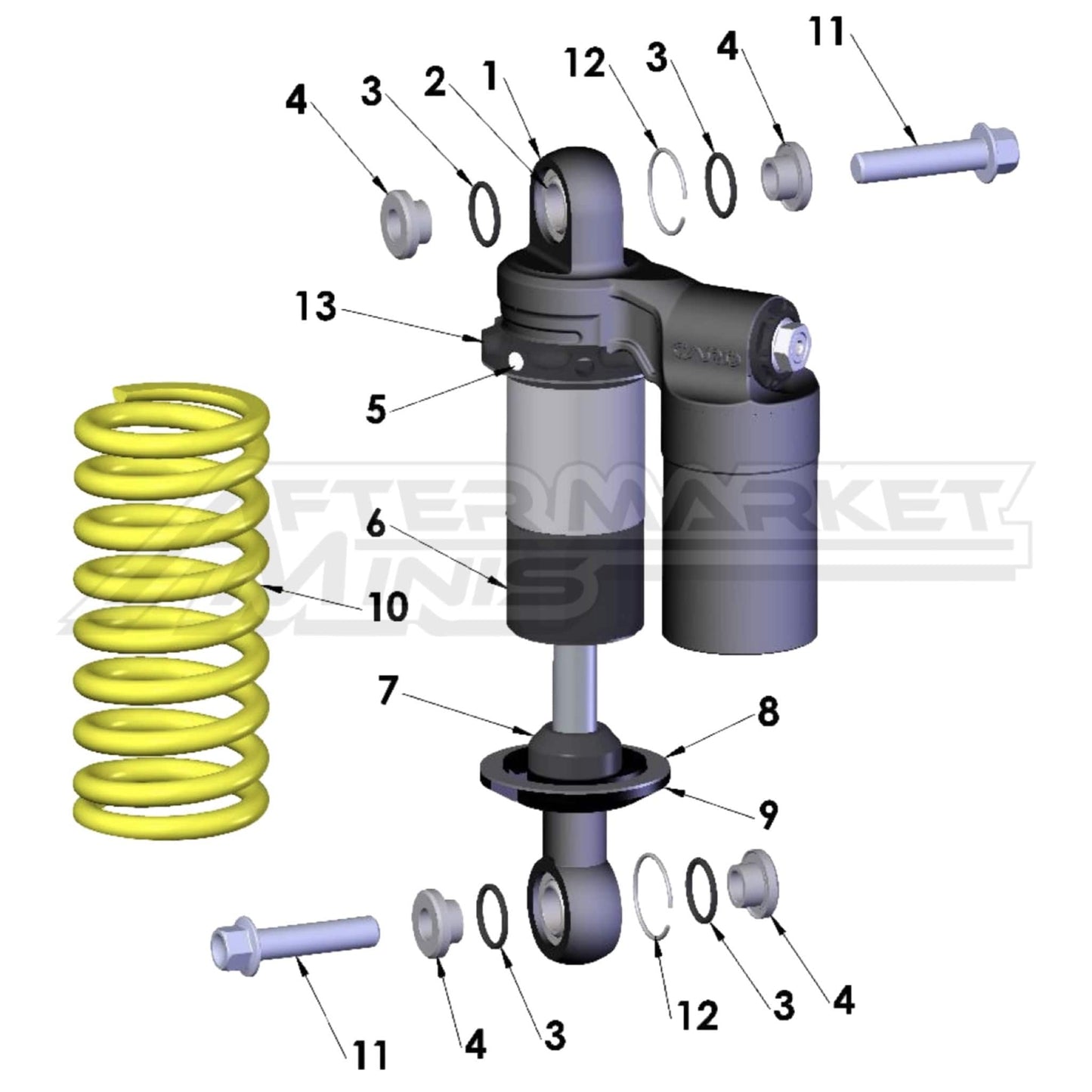 Illustration of 2027 Cobra 50 Jr rear shock with labeled components on a white background, featuring the 'Aftermarket Minis' brand.