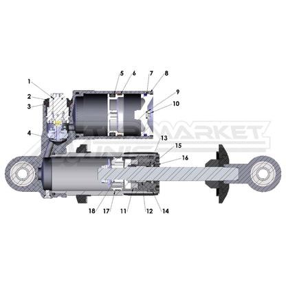 Illustration of 2026 Cobra 50 Jr rear shock internal with labeled components on a white background, featuring the 'Aftermarket Minis' brand.