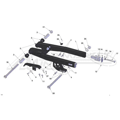 Illustration of 2027 Cobra 50 Jr swingarm with labeled components on a white background, featuring the 'Aftermarket Minis' brand.