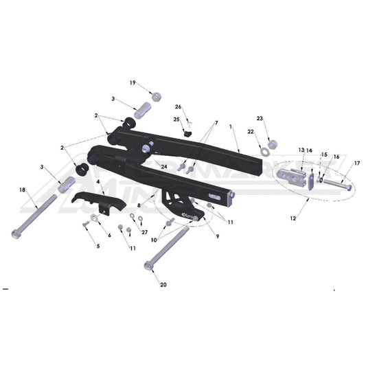 Illustration of 2027 Cobra 50 Jr swingarm with labeled components on a white background, featuring the 'Aftermarket Minis' brand.
