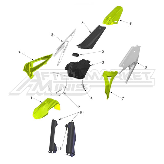 Illustration of 2021 Cobra 50 plastics with labeled components on a white background, featuring the 'Aftermarket Minis' brand.