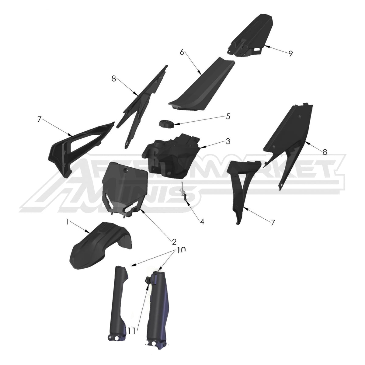 Illustration of 2022 Cobra 50 FWE plastics with labeled components on a white background, featuring the 'Aftermarket Minis' brand.