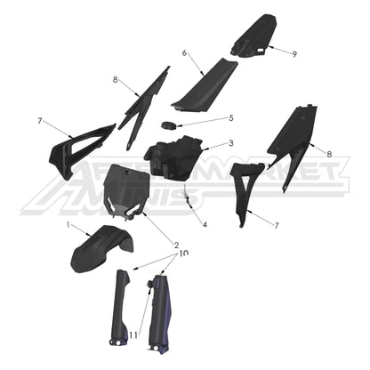 Illustration of 2022 Cobra 50 FWE plastics with labeled components on a white background, featuring the 'Aftermarket Minis' brand.