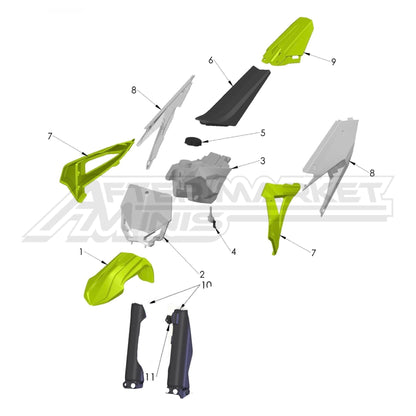 Illustration of 2024 Cobra 50 plastics with labeled components on a white background, featuring the 'Aftermarket Minis' brand.