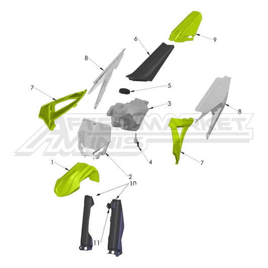 Illustration of 2024 Cobra 50 plastics with labeled components on a white background, featuring the 'Aftermarket Minis' brand.