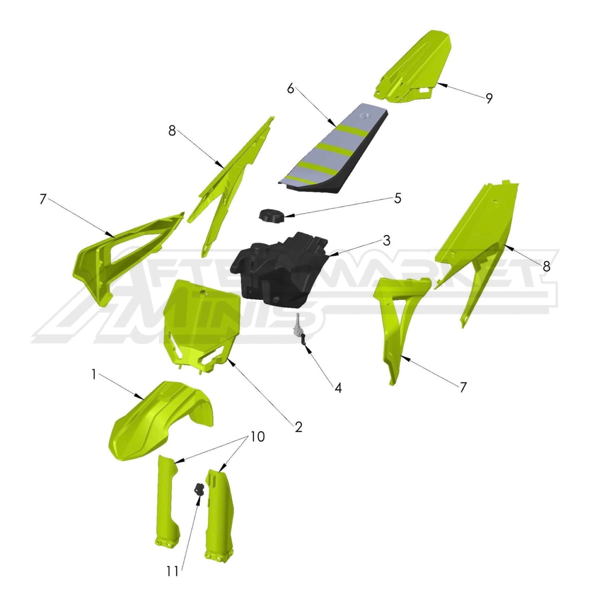 Illustration of 2025 Cobra 50 plastics with labeled components on a white background, featuring the 'Aftermarket Minis' brand.