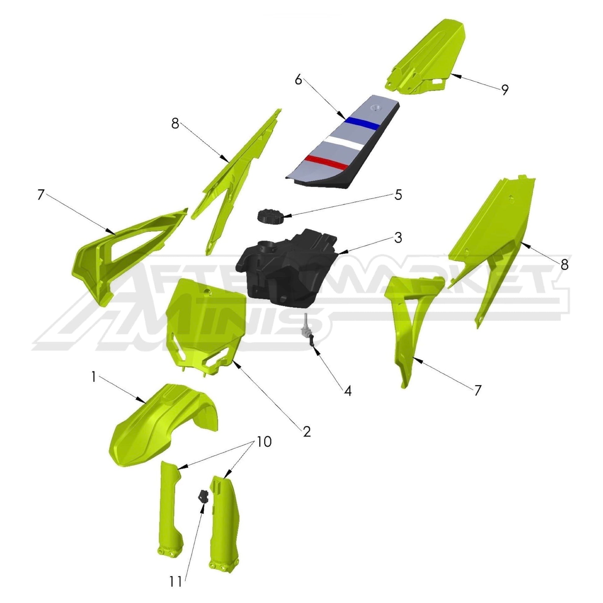 Illustration of 2027 Cobra 50 FWE plastics with labeled components on a white background, featuring the 'Aftermarket Minis' brand.