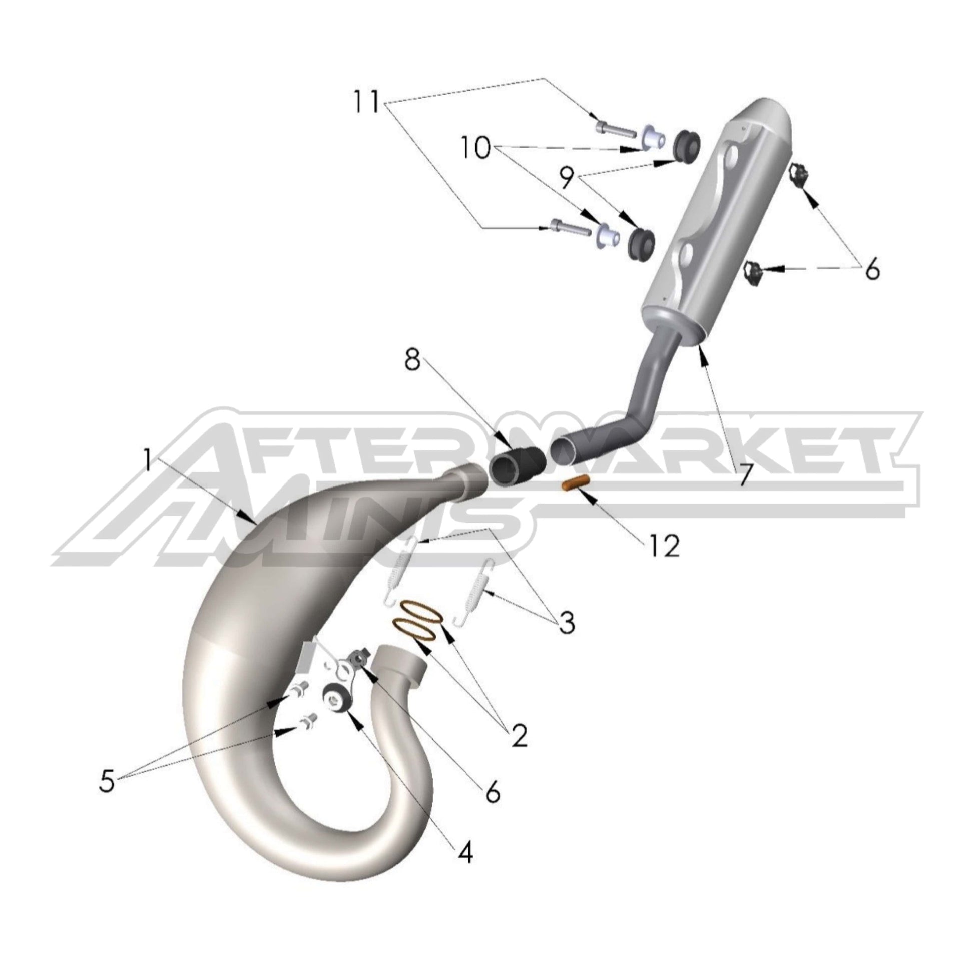 Illustration of 2027 Cobra 50 FWE exhaust system with labeled components on a white background, featuring the 'Aftermarket Minis' brand.