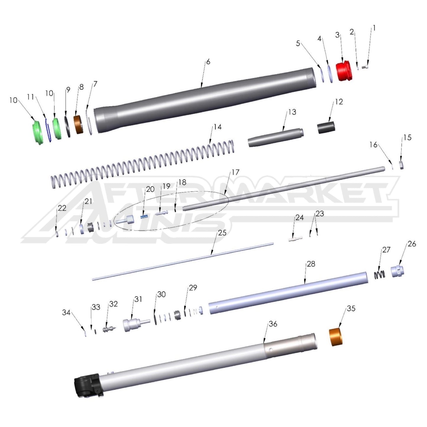 Illustration of 2026 Cobra 50 FWE internal view of brake side fork with labeled components on a white background, featuring the 'Aftermarket Minis' brand.