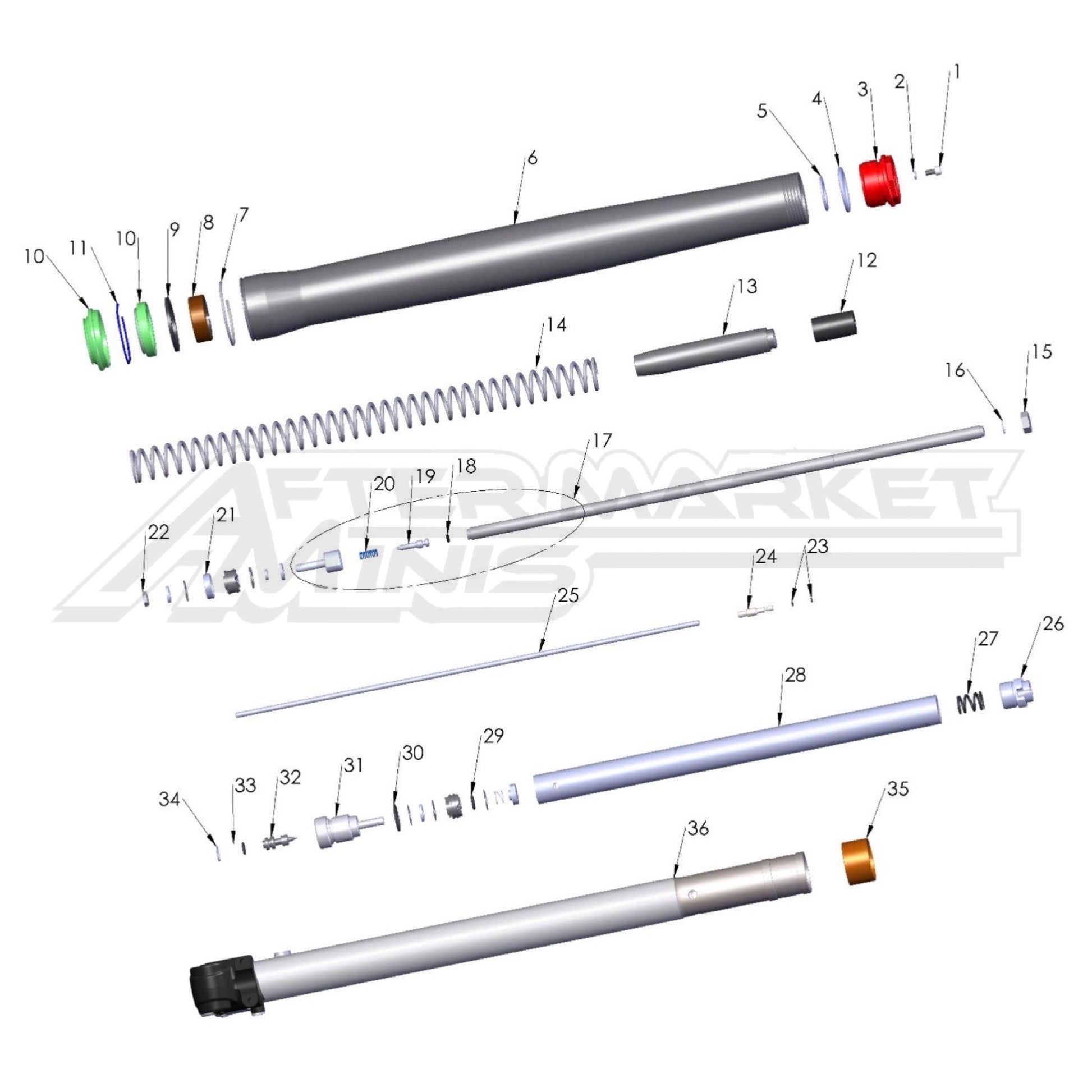 Illustration of 2027 Cobra 50 FWE internal view of brake side fork with labeled components on a white background, featuring the 'Aftermarket Minis' brand.