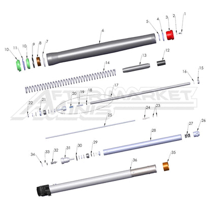 Illustration of 2027 Cobra 50 FWE internal view of brake side fork with labeled components on a white background, featuring the 'Aftermarket Minis' brand.