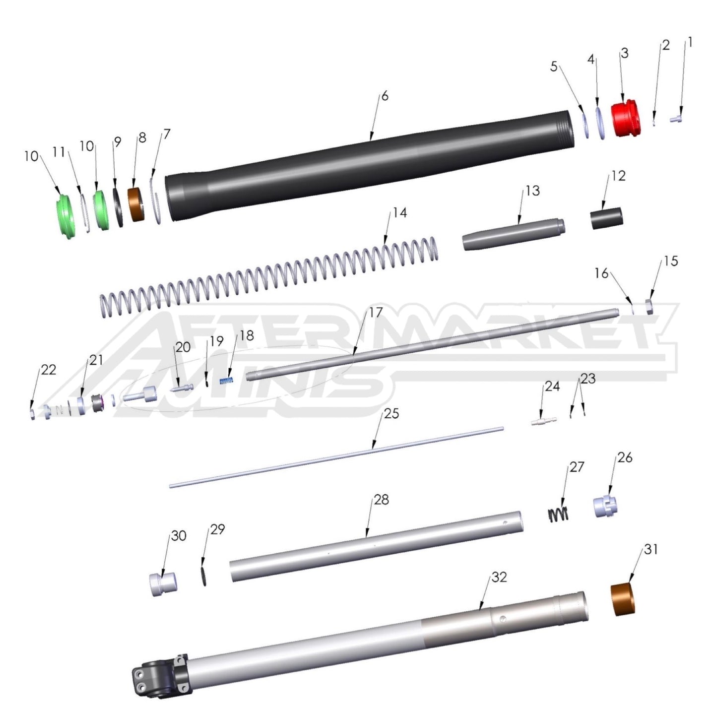Illustration of 2027 Cobra 50 FWE internal view of non-brake side fork with labeled components on a white background, featuring the 'Aftermarket Minis' brand.