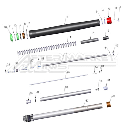 Illustration of 2027 Cobra 50 FWE internal view of non-brake side fork with labeled components on a white background, featuring the 'Aftermarket Minis' brand.