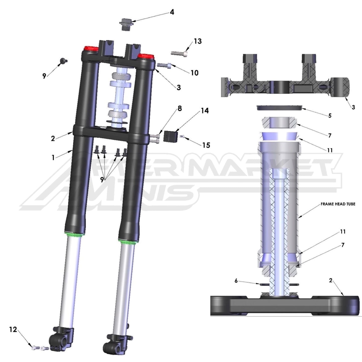 Illustration of 2027 Cobra 50 FWE front suspension set up with labeled components on a white background, featuring the 'Aftermarket Minis' brand.