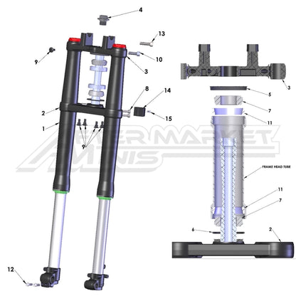 Illustration of 2027 Cobra 50 FWE front suspension set up with labeled components on a white background, featuring the 'Aftermarket Minis' brand.