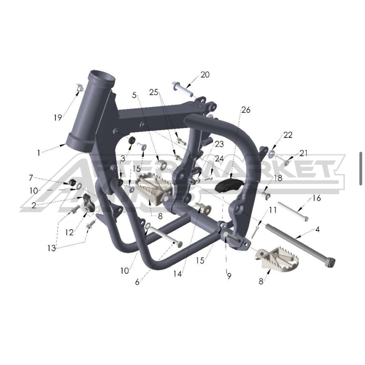 Illustration of 2021 Cobra 50 FWE frame with labeled components on a white background, featuring the 'Aftermarket Minis' brand.