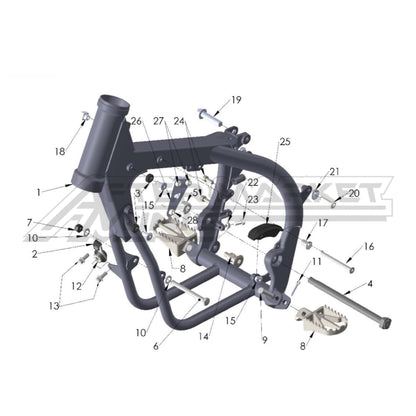 Illustration of 2022 Cobra 50 FWE frame with labeled components on a white background, featuring the 'Aftermarket Minis' brand.