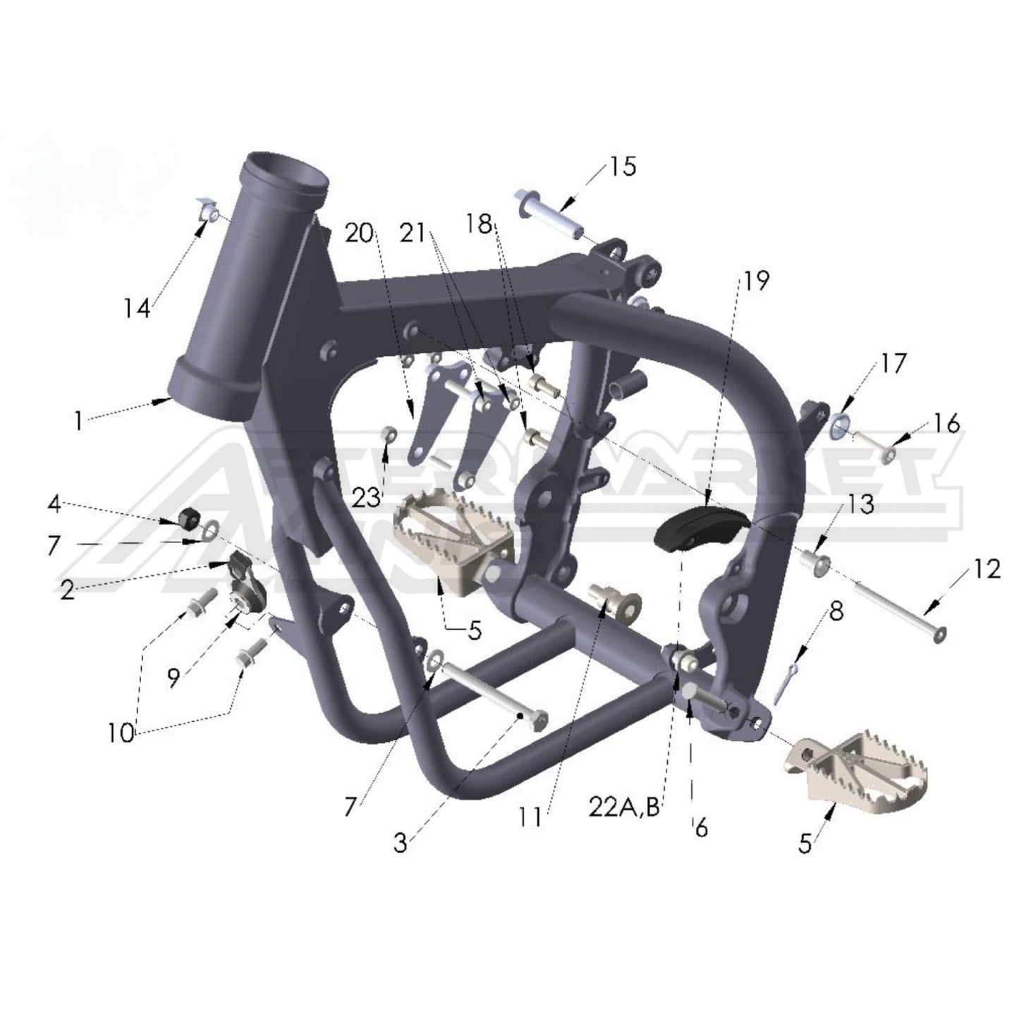 Illustration of 2027 Cobra 50 FWE frame with labeled components on a white background, featuring the 'Aftermarket Minis' brand.