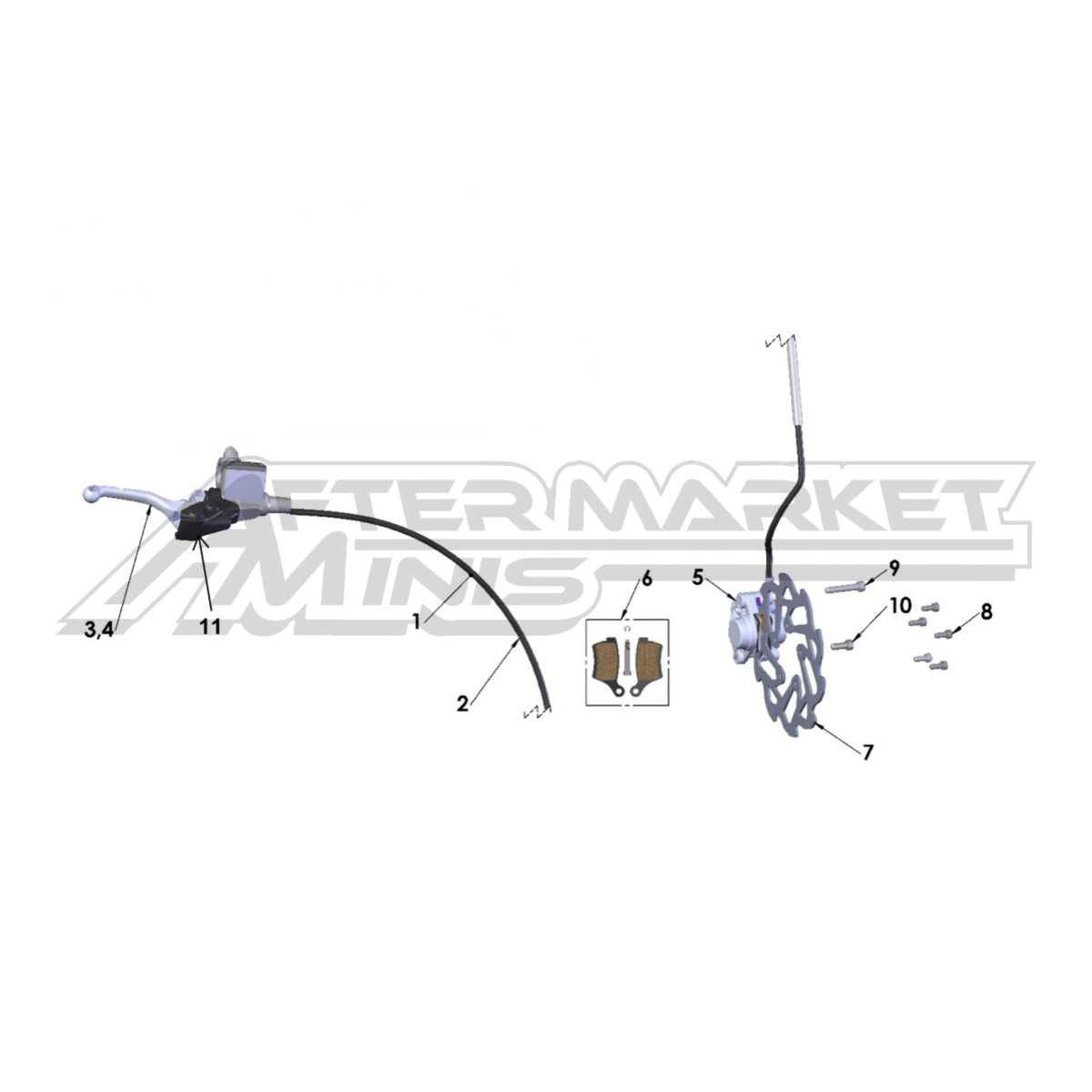 Illustration of 2021 Cobra 50 FWE front brake system with labeled components on a white background, featuring the 'Aftermarket Minis' brand.