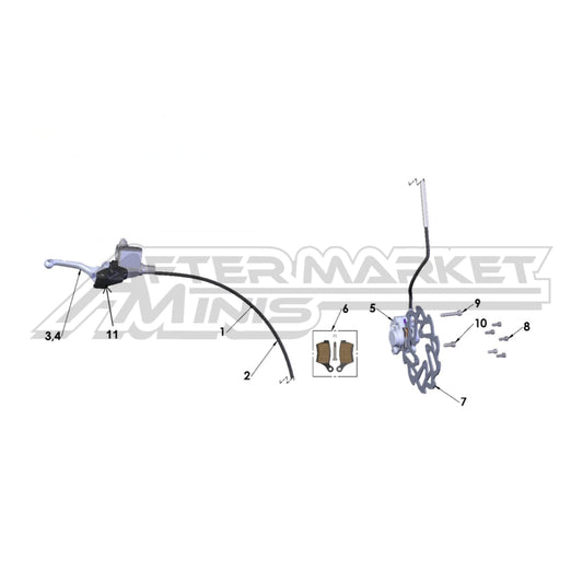 Illustration of 2021 Cobra 50 FWE front brake system with labeled components on a white background, featuring the 'Aftermarket Minis' brand.