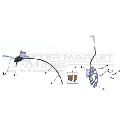 Illustration of 2027 Cobra 50 FWE front brake system with labeled components on a white background, featuring the 'Aftermarket Minis' brand.