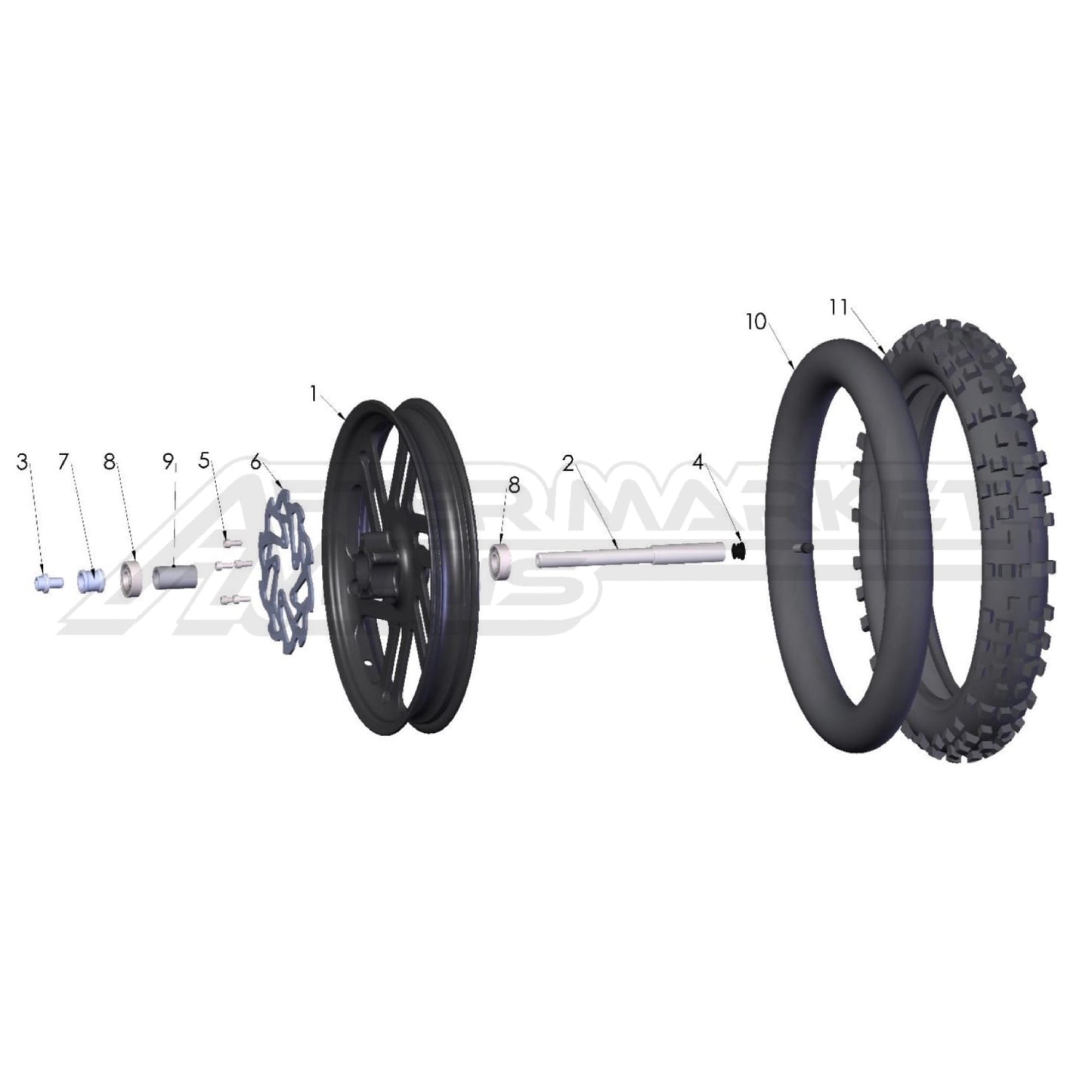 Illustration of 2027 Cobra 50 FWE front wheel with labeled components on a white background, featuring the 'Aftermarket Minis' brand.