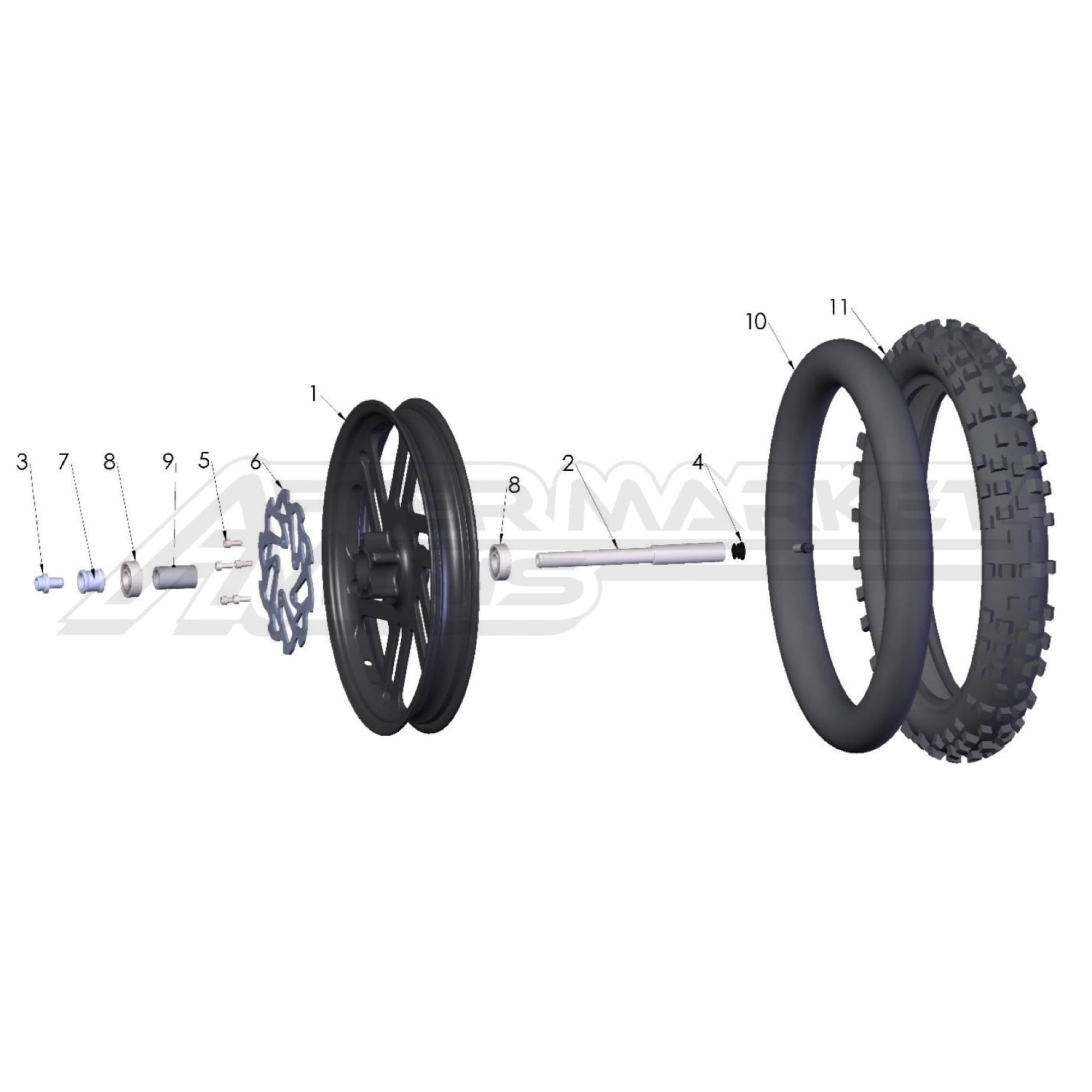 Illustration of 2027 Cobra 50 FWE front wheel with labeled components on a white background, featuring the 'Aftermarket Minis' brand.