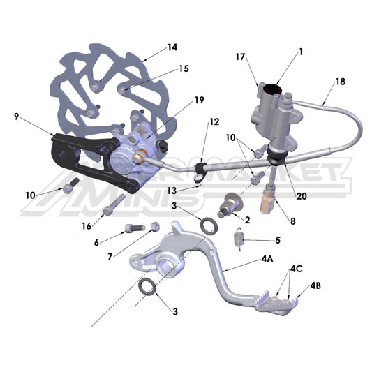 Illustration of 2021 Cobra 50 FWE rear brake system with labeled components on a white background, featuring the 'Aftermarket Minis' brand.