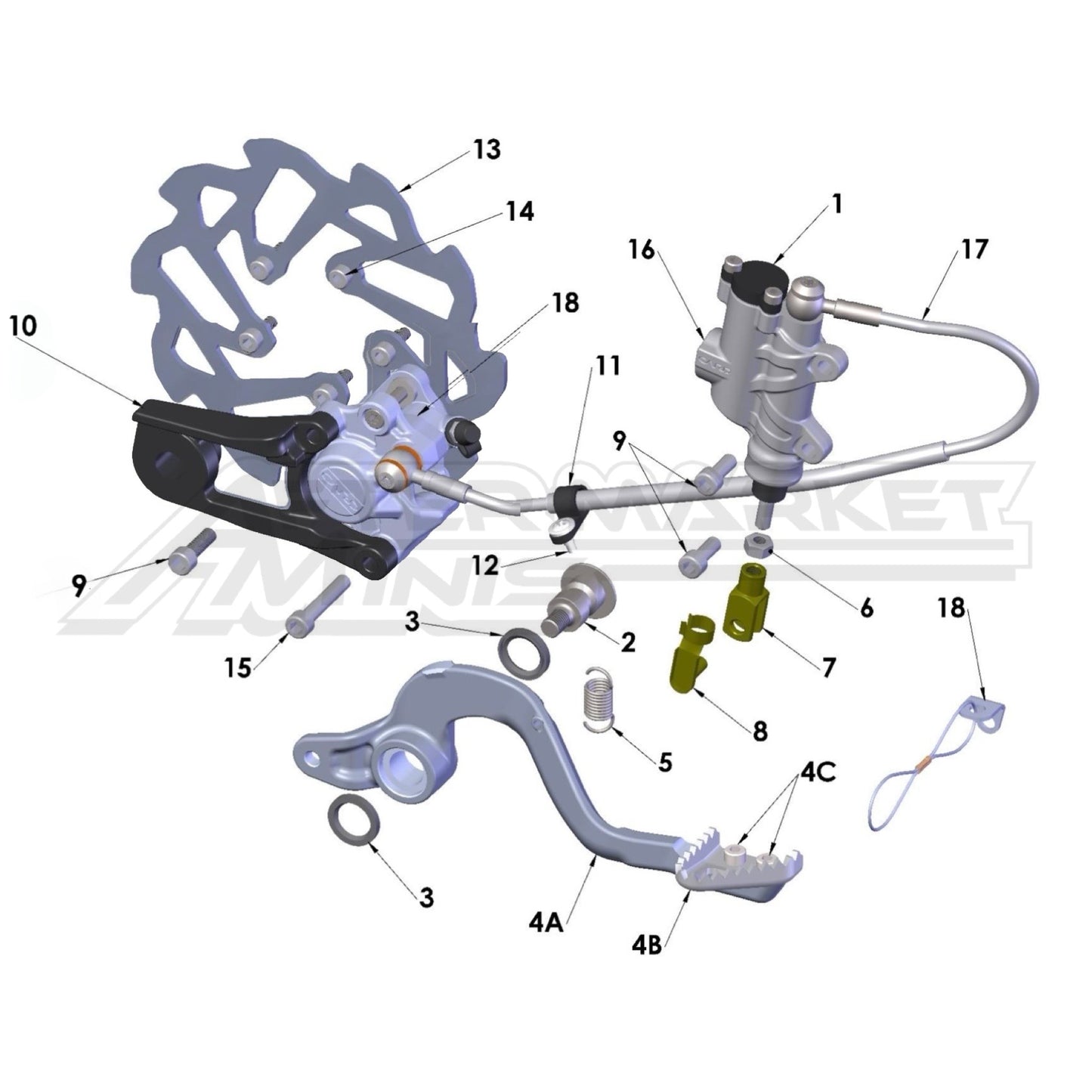 Illustration of 2027 Cobra 50 FWE rear brake system with labeled components on a white background, featuring the 'Aftermarket Minis' brand.