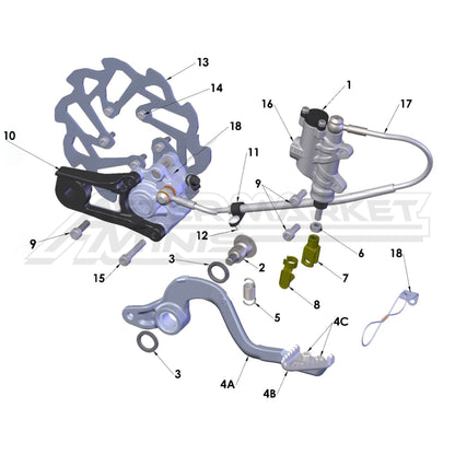 Illustration of 2027 Cobra 50 FWE rear brake system with labeled components on a white background, featuring the 'Aftermarket Minis' brand.
