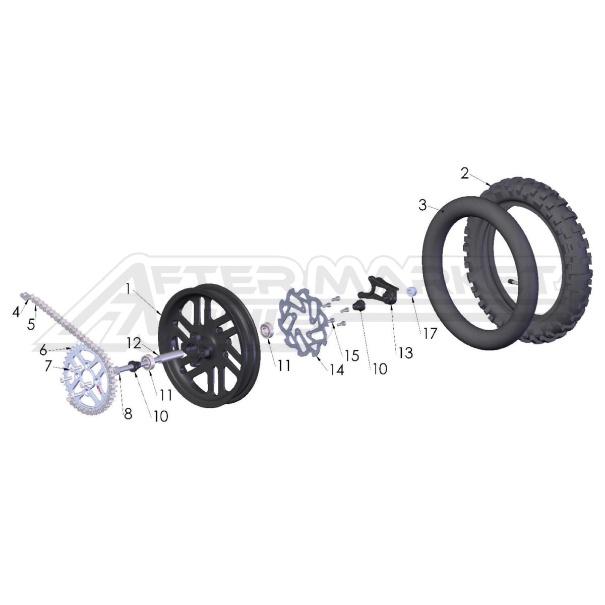 Illustration of 2024 Cobra 50 FWE rear wheel with labeled components on a white background, featuring the 'Aftermarket Minis' brand.